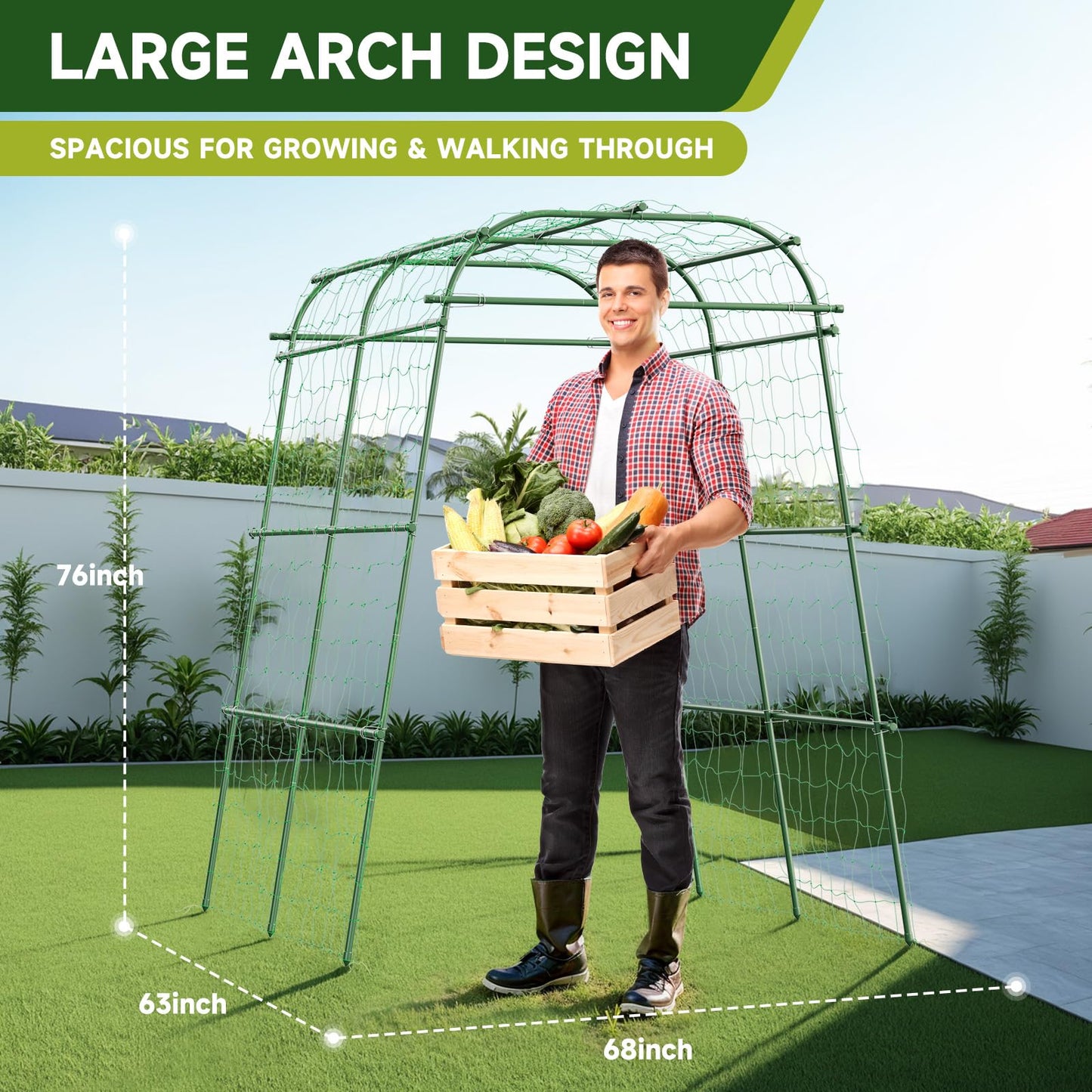 HIRALIY Garden Arch Trellis for Climbing Plants, 6.3ft Tall Heavy Duty Metal Cucumber Trellis, Rustproof Plant Support Tunnel for Tomato, Grape, Bean, Raised Bed and Vegetable Gardens, Green