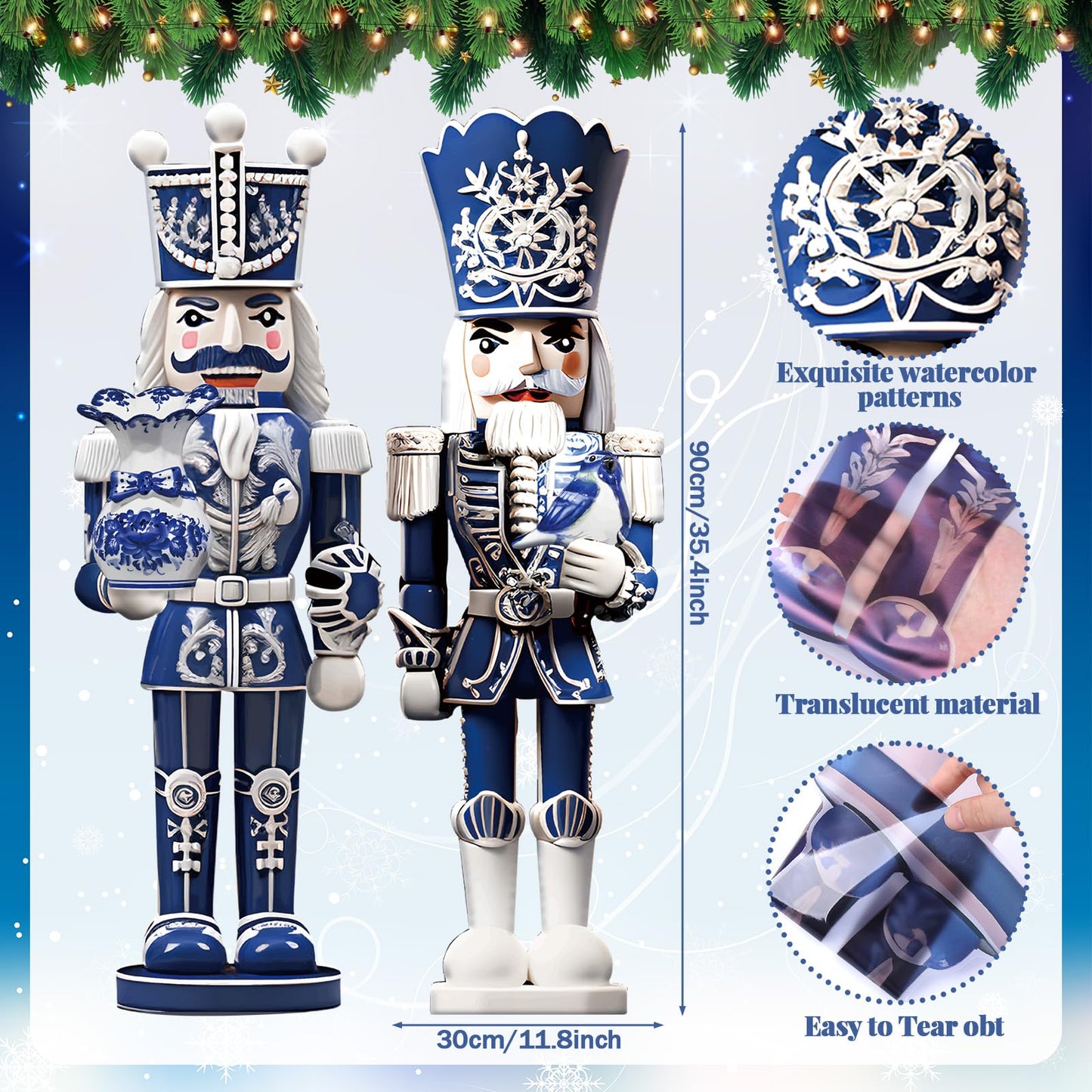 Fullhawl 4 Sheets Large Winter Window Clings Decorations Nutcracker Soldiers Winter Window Clings Nutcrackers Xmas Stickers for Holiday Party(Blue and White Porcelain)