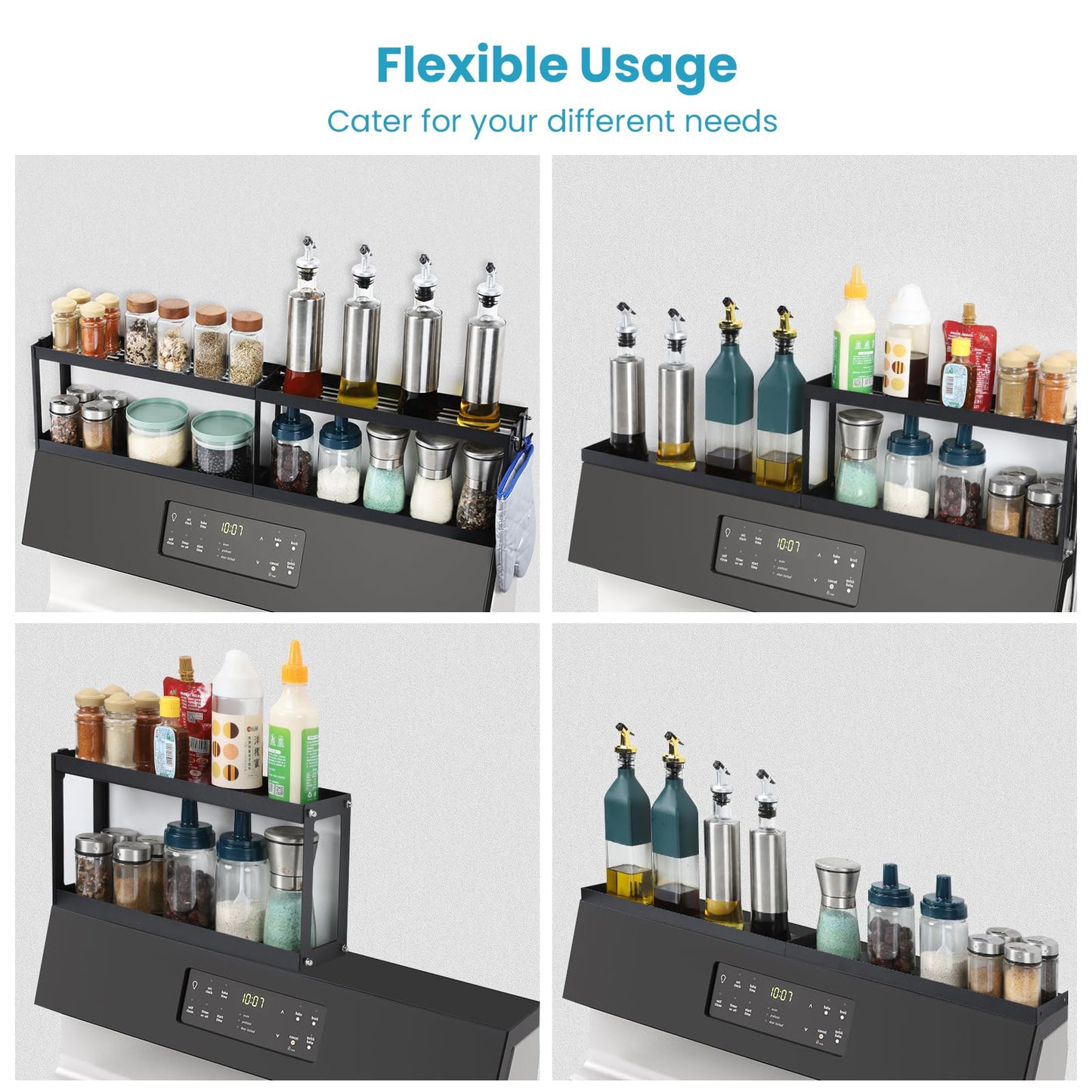 OTraki 2 Tier Strong Magnetic Oven Shelf 30 Inch Length Spice Rack Over The Stove Shelf with 2 Anti-Slip Mats Seasoning & 4 Hooks Kitchen Spice Storage Organizer Black