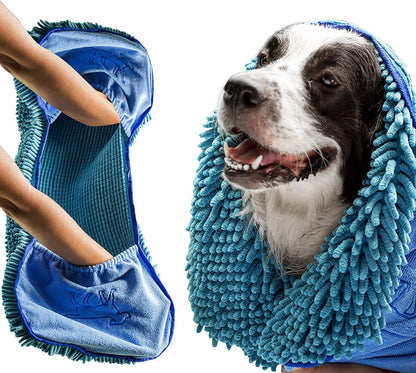 Tuff Pupper Quick Dry Towel for Dogs | Ultra Absorbent Microfiber Shammy | Extra Large 85x35cm Size Dog Bath Towel | Comfortable Hand Pockets | Indoor Outdoor Use | Durable Material | Machine Washable