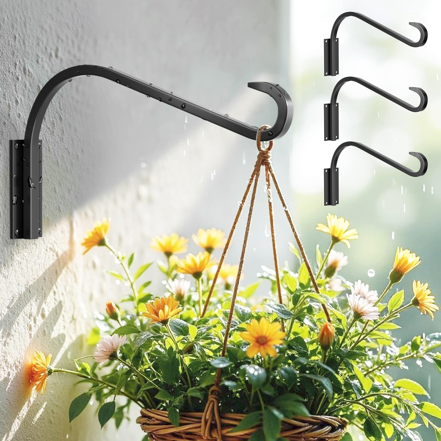 saffruff 12 Inch 4 Pack Plant Hangers for Indoor/Outdoor Wall Mount - Heavy Duty Hanging Plant Holder & Bird Feeder Hooks, Decorative Black Metal Wall Hangers for Plants, Flower Baskets