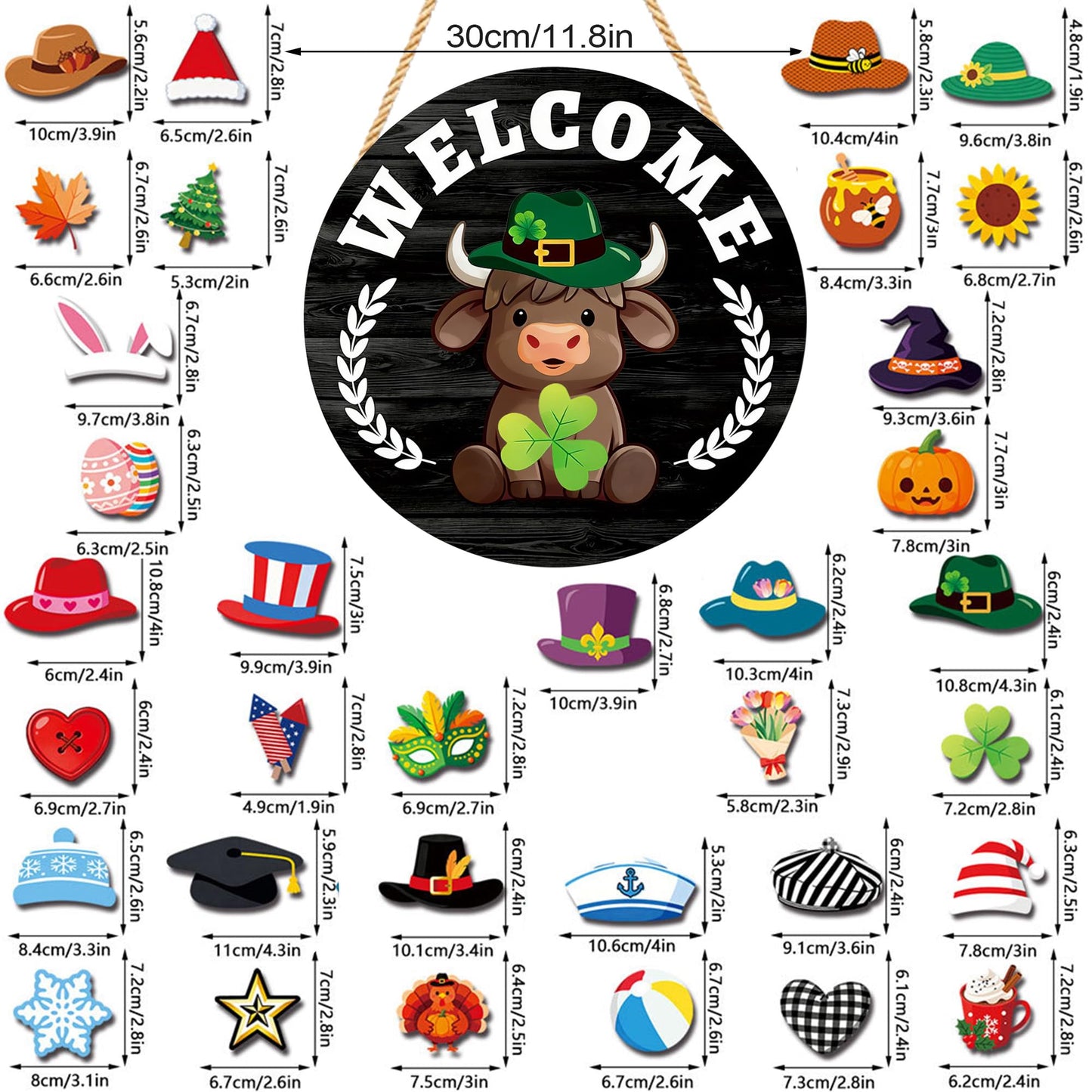 Yiranok Holiday Interchangeable Highland Cow Welcome Sign,Highland Cow Seasonal Wooden Hanging Door Decoration Front Door Decoration Gift Hanging Door Sign