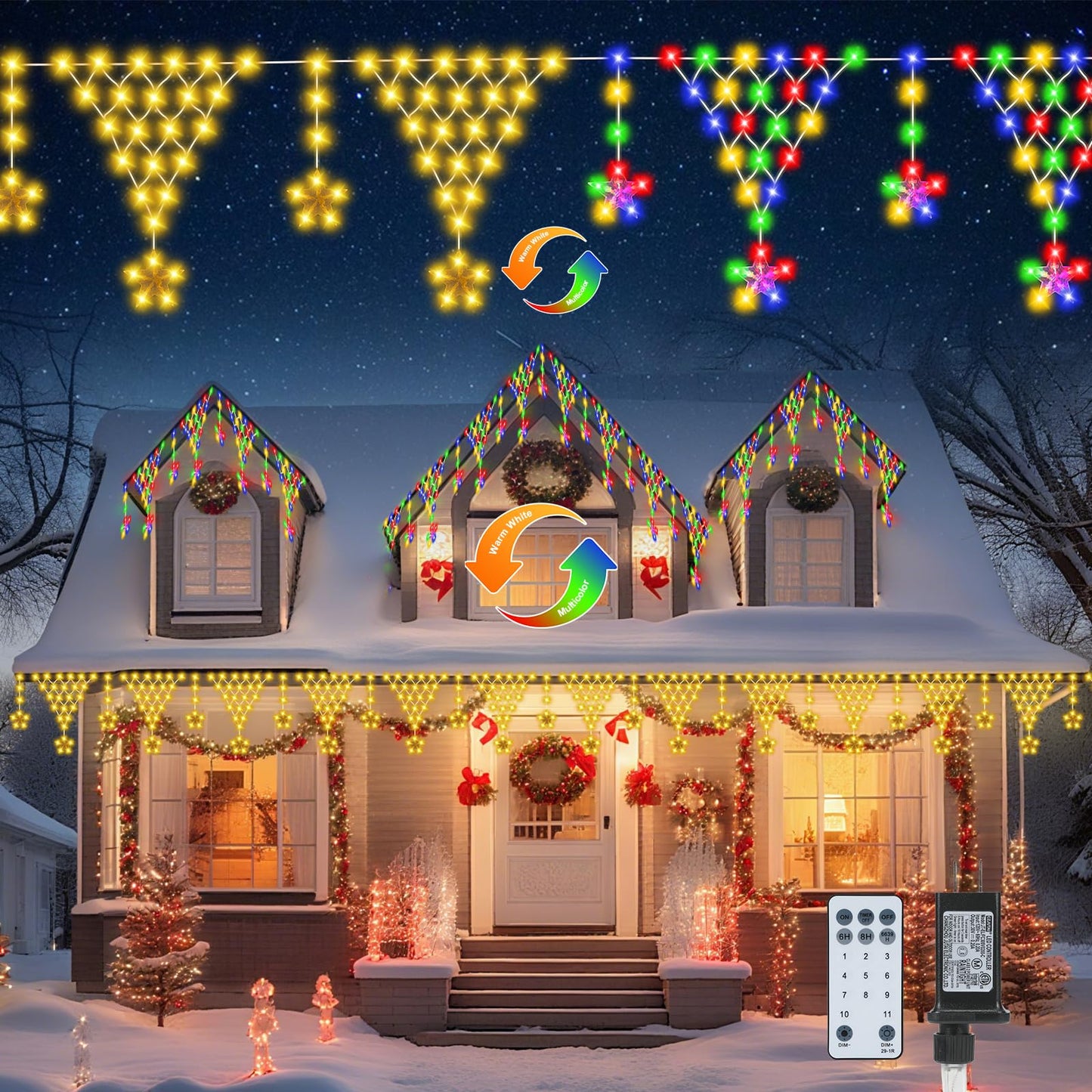 Ramadan Outdoor String Lights Waterproof, 218 LED 13.8FT Star Curtain Fairy Lights with 12 Drops Connectable Clear Wire Christmas Light Decorations 8 Modes for Eaves Yard Wedding Party Holiday Decor