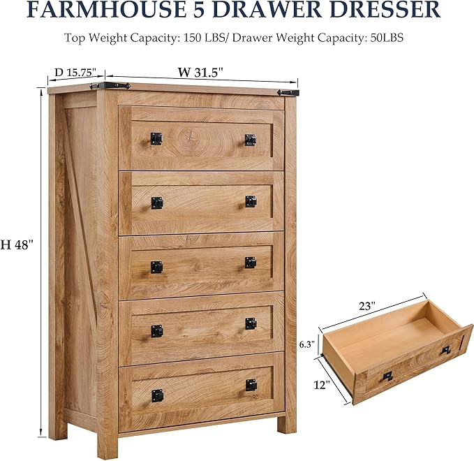 T4TREAM Farmhouse 5 Drawers Dresser Chests