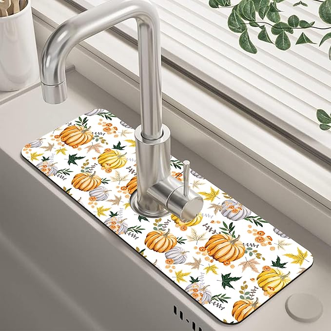 Thanksgiving Sink Faucet Absorbing Mat Pumpkin Floral Leaves Sink Splash Guard