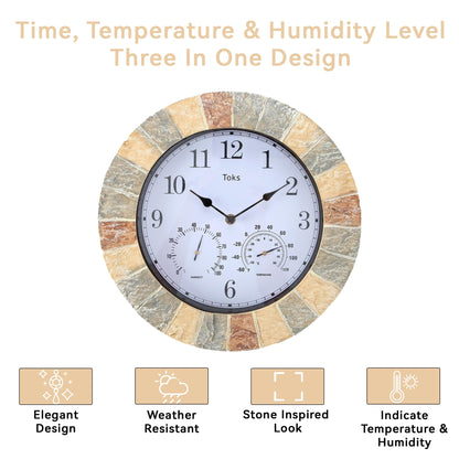 Lily's Home Hanging Wall Clock, Includes a Thermometer and Hygrometer and is Ideal for Indoor and Outdoor Use, Wonderful Housewarming Gift for Friends, Faux-Stone (13 Inches)
