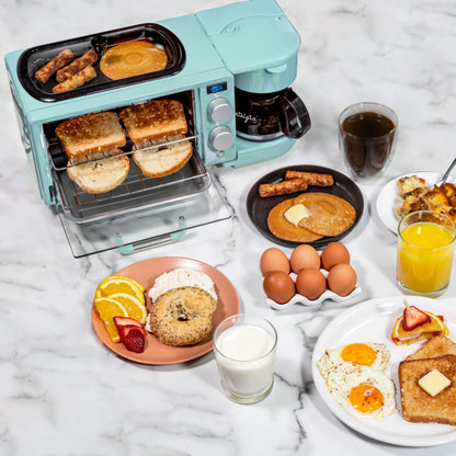 Nostalgia 3-in-1 Breakfast Station - Includes Coffee Maker, Non-Stick Griddle, and 4-Slice Toaster Oven - Versatile Breakfast Maker with Timer - Aqua