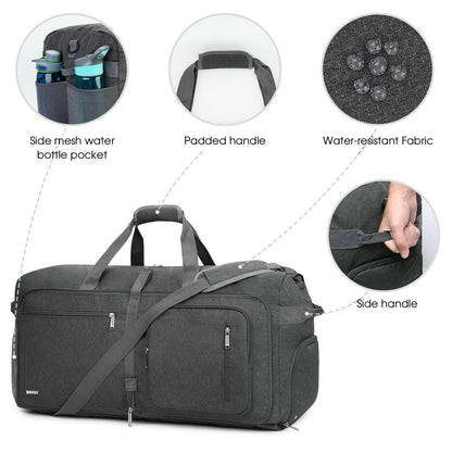 WANDF Travel Duffle Bag 65L Shoes Compartment Foldable Overnight Weekender Bag Carry On Bag for Men Women (Grey)