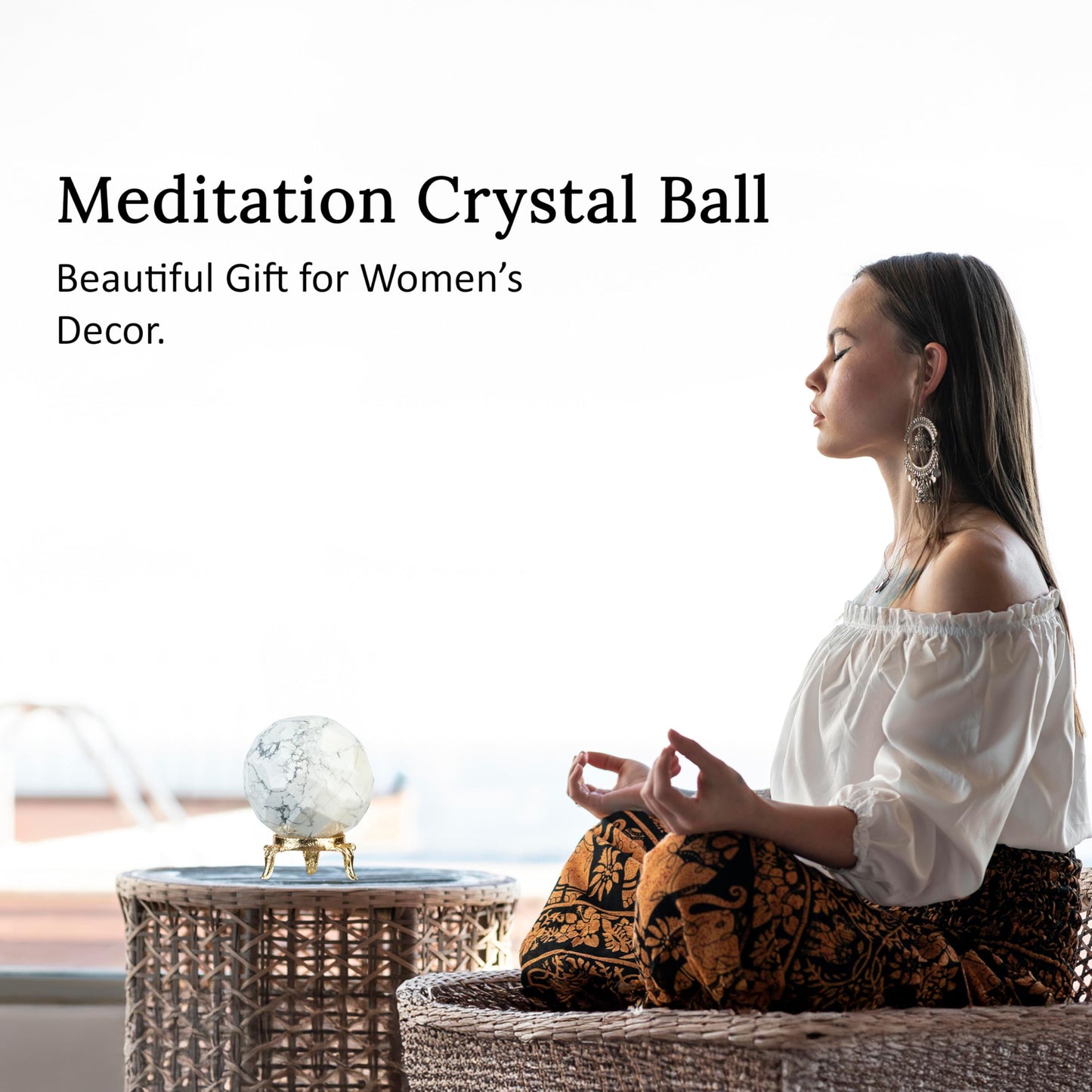 Crocon 45mm Howlite Diamond Cut Stone Sphere Ball with Metal Stand 1400+ Carats Gemstone Ball Healing Ornament Rock Sphere Sculpture Figurine for Fengshui Divination Crystal Home Decor Photography