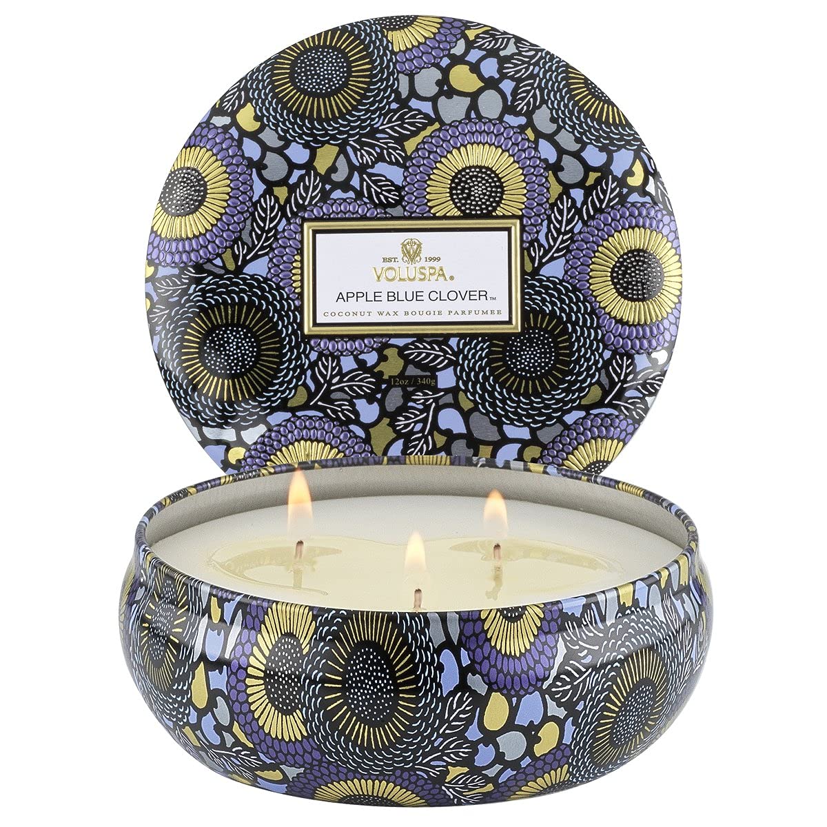 Voluspa Apple Blue Clover Candle | 3 Wick Tin | 12 Oz. | Coconut Wax for Clean Burning