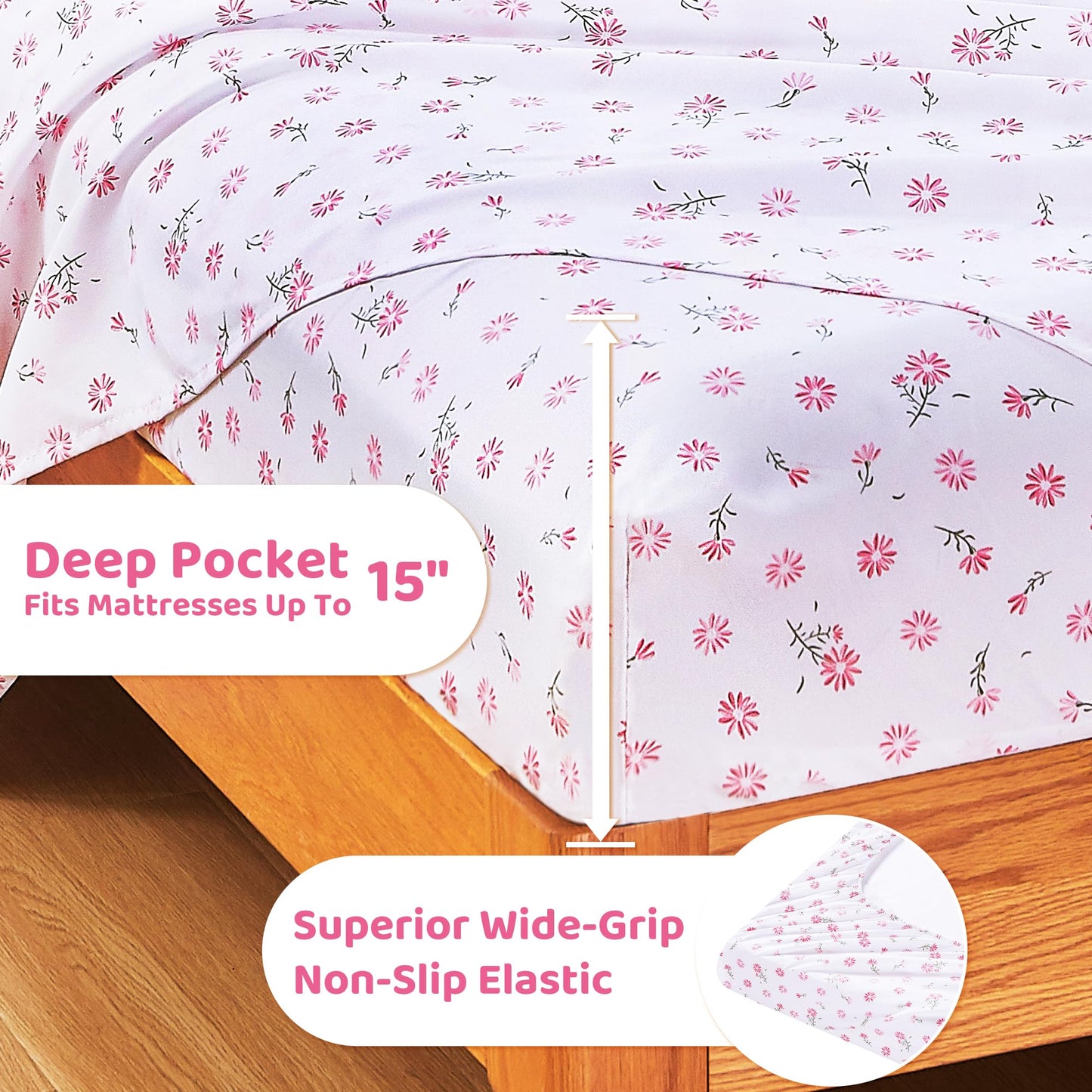 Mooreeke Cozy Vintage Microfiber Printed Floral Queen Sheet Set - Soft & Breathable Pink Daisy Bed Sheets with Extra Deep Pocket - Non-Slip Fitted Design - Daisy Pattern - Queen