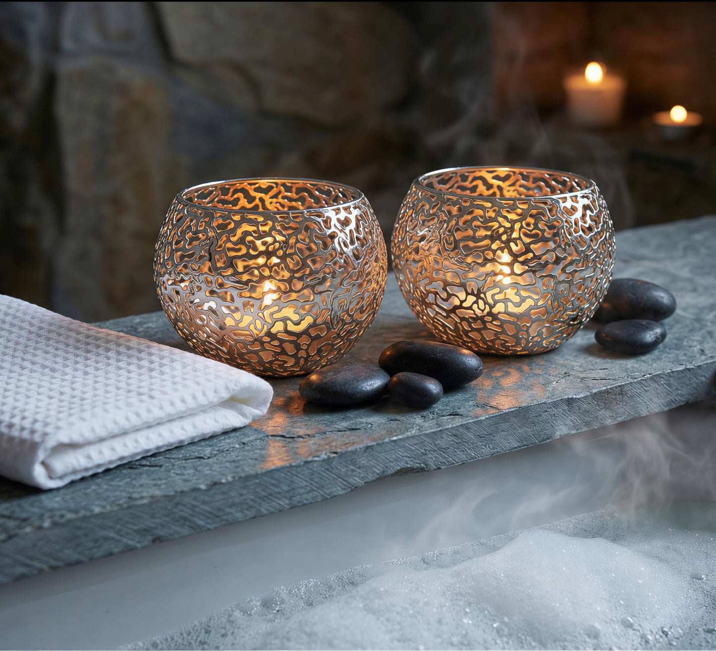 Metal Cut-Out Tealight Candle Holders Set of 2 – Geometric Lanterns for Table Centerpiece & Bathroom Spa – Shatterproof Holiday Decor, Winter Wedding (Gold*2)