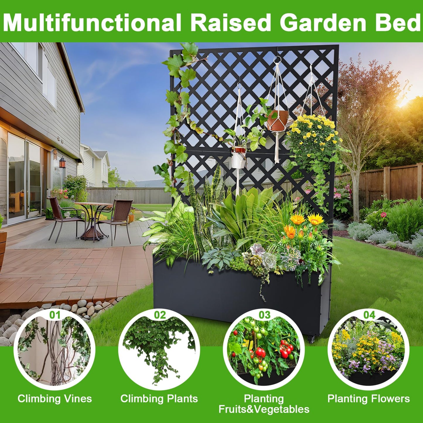 GarveeLife Metal Planter Box with Trellis, 73"x47"x12" Raised Garden Bed with Privacy Screen, Galvanized Steel Outdoor Planter Box with Drainage Holes for Climbing Plants Flowers Vegetables, Black