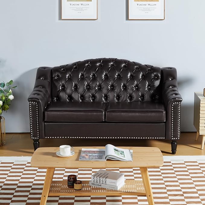 LEVNARY Chesterfield Loveseat Leather, Upholstered Sofa