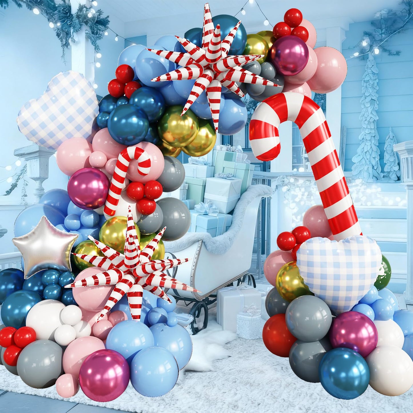 Christmas Balloon Arch, 133Pcs Red Pastel Baby Pink Blue Xmas Winter Wonderland Balloons with Metallic Gold Blue Pink Candy Cane Exploding Star Foil Balloon for Merry Christmas Party Decoration