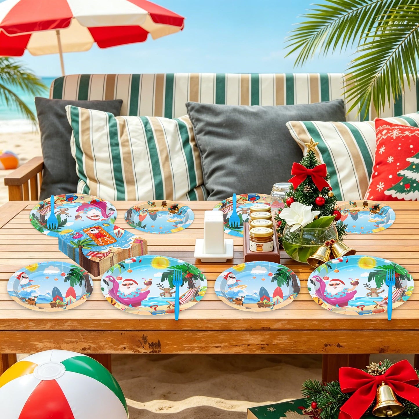 96PCS Summer Christmas July Decoration, July Christmas Plates and Napkins Forks Set, Disposable Hawaiian Beach Xmas Santa Tableware for Tropical Pool Beach Picnics Birthday Party Supplies Serves 24