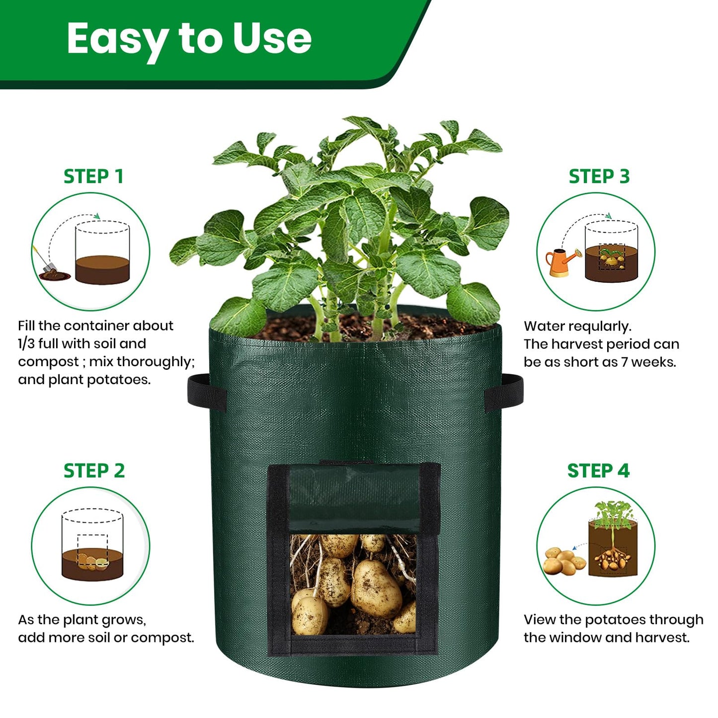 BIJOKETTEN 10 Gallon 8-Pack Grow Bags, Durable PE Fabric Pots with Flap and Handles, Green Planter Bags for Potato Vegetables Flowers Herbs Garden Outdoor, 17.7''x13.8'' Large for All Plants Growing