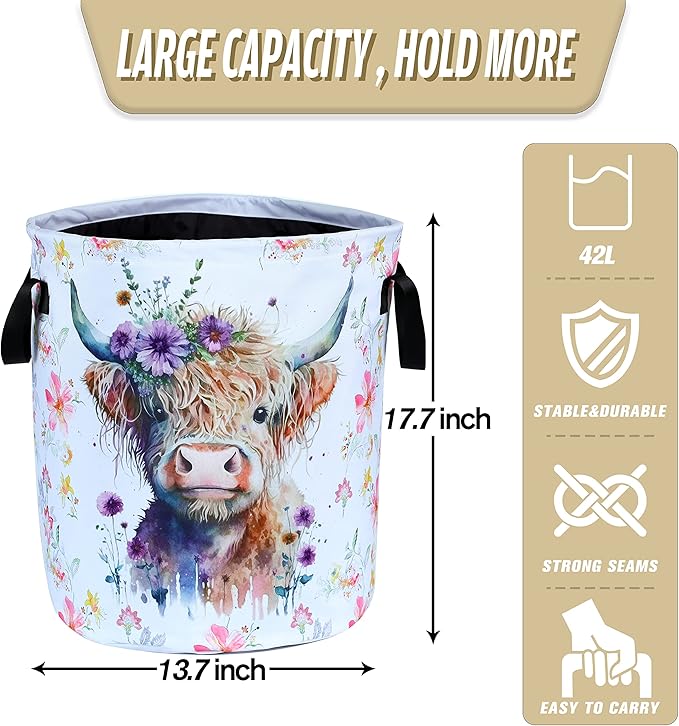 Highland Cow Laundry Basket Foldable Waterproof Oxford Cloth Funny Tote Bag