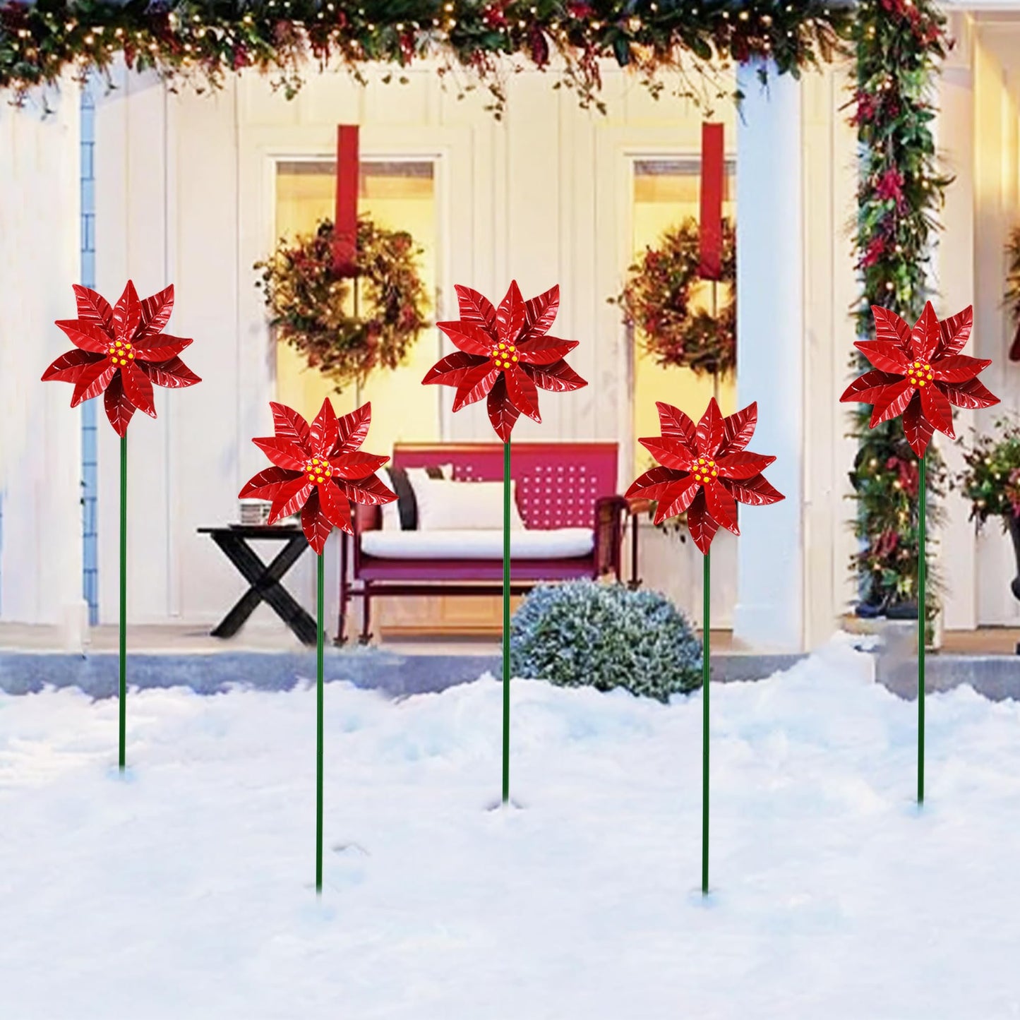 Metal Flower Wind Spinner Garden Lawn Stakes Yard Art, 27 Inch Poinsettia Windmill Iron Handicraft Lawn Decorations, 5 Pieces Christmas Star Stake, Metal Yard Art Outdoor Mother's Day Decoration Gift