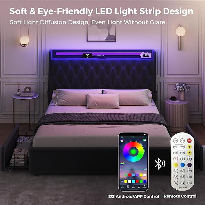 Queen LED Velvet Bed Frame