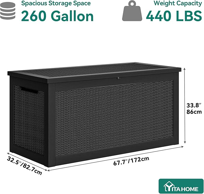 YITAHOME XXL 260 Gal Large Deck Box, Outdoor Resin Storage Box, Rattan Storage Container for Patio Furniture, Garden Tools, Waterproof, Lockable (Black)