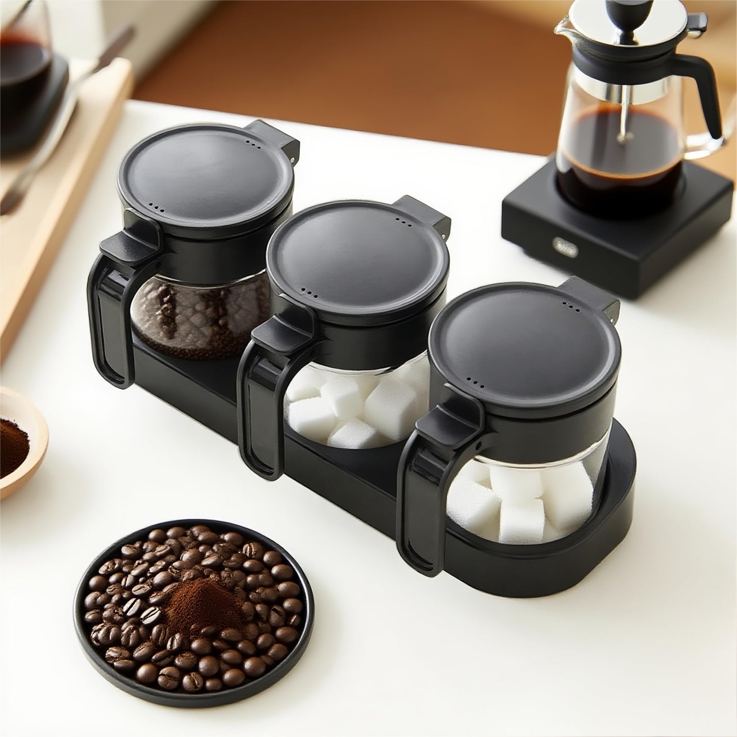 JIMMEAL 3 Pack Airtight Glass Spice Jars with Spoons, Lead-Free Condiment Container Set with Silicone Seal Ring, Honey Dippers, Tray, Labels and Wall Mount Adhesive for Sugar, Salt, Coffee Bar, Black