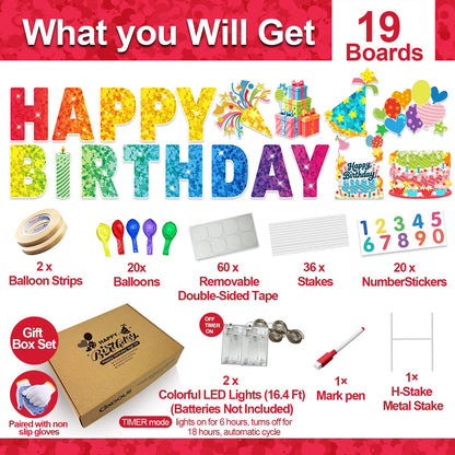 GXGGUS Happy Birthday Yard Signs Outdoor Decorations - 19 PCS Set with 16" Letters, 30" Large Cake Sign on H-Shaped Metal Stand, 32.8 Ft LED Lights & Stakes for Lawn Garden Party