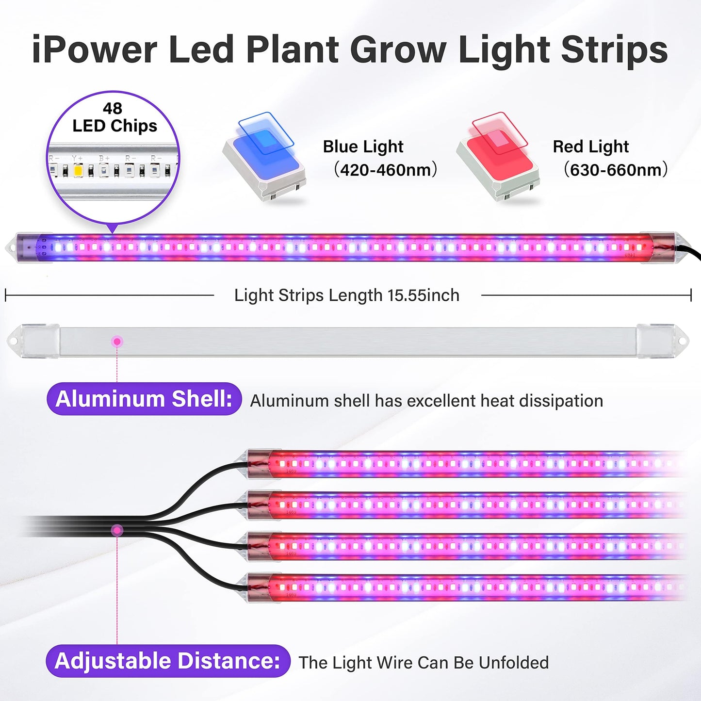 iPower 60W LED Grow Lights with Full Spectrum Plant Growing Light Strips for Indoor Plant with Auto ON/Off 3/9/12H Timer, 10 Dimmable Levels 48 LEDs Per Tude, 4 Tubes, Red&Blue