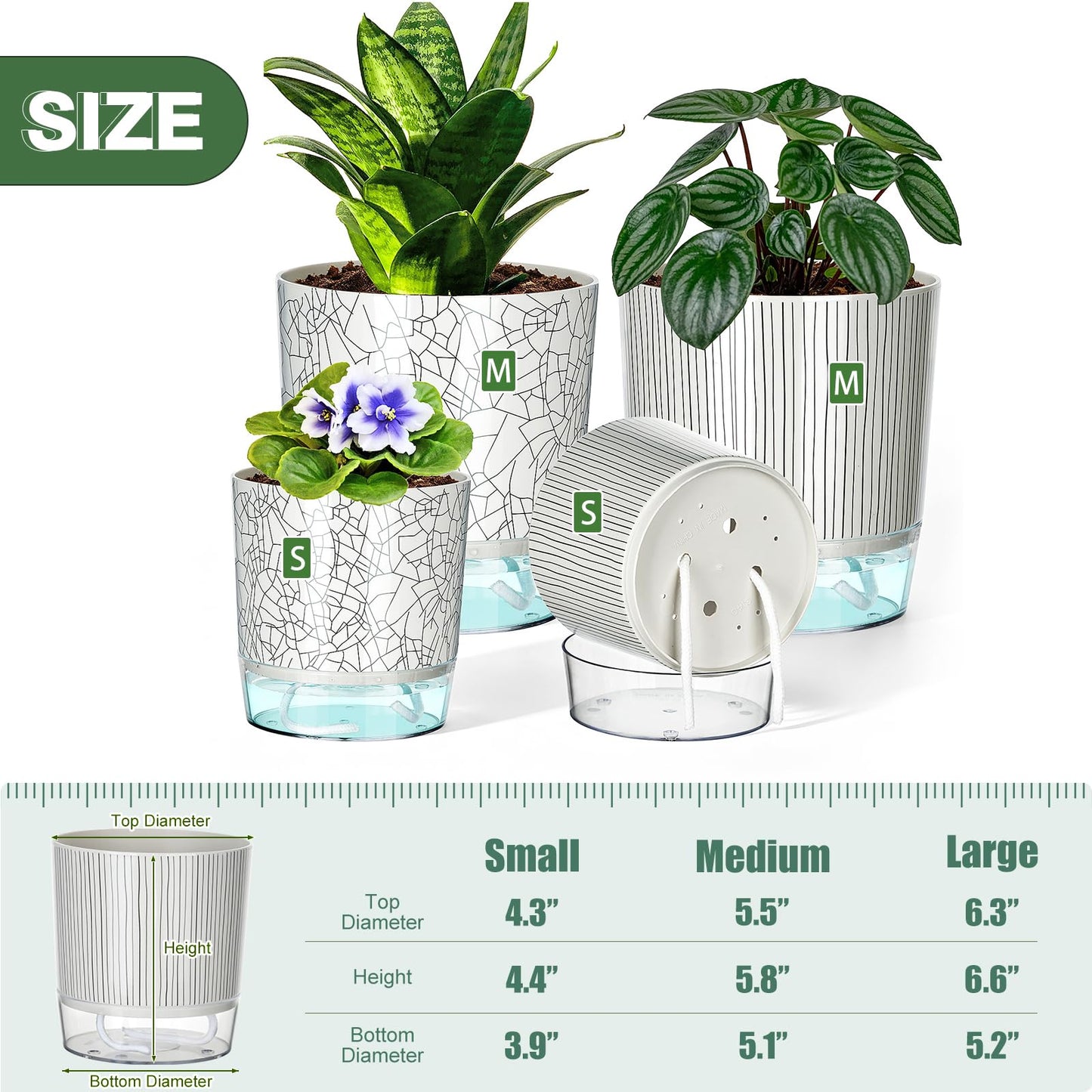 Samhe 4 Pack Self Watering Pots for Indoor Plants, 4/5.5 Inch Lightweight Planters with Water Reservoir, Flower Pots for African Violet, Spider Plant, Orchid