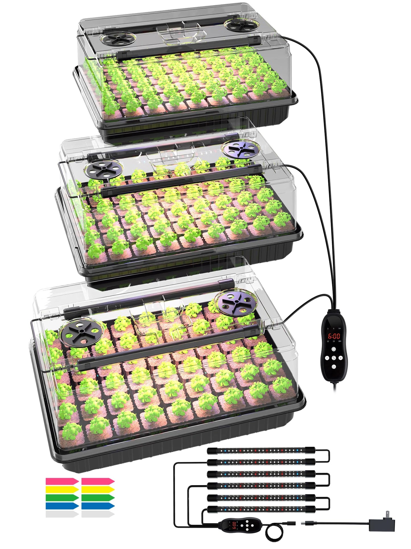 GLOWRIUM Seed Starter Tray with Full Spectrum Grow Light,54-Cell*3 Pack Seed Starter Kit with Humidity Dome,6-Setting Auto Timer,Adjustable Brightness for Indoor Plant (3-Pack)