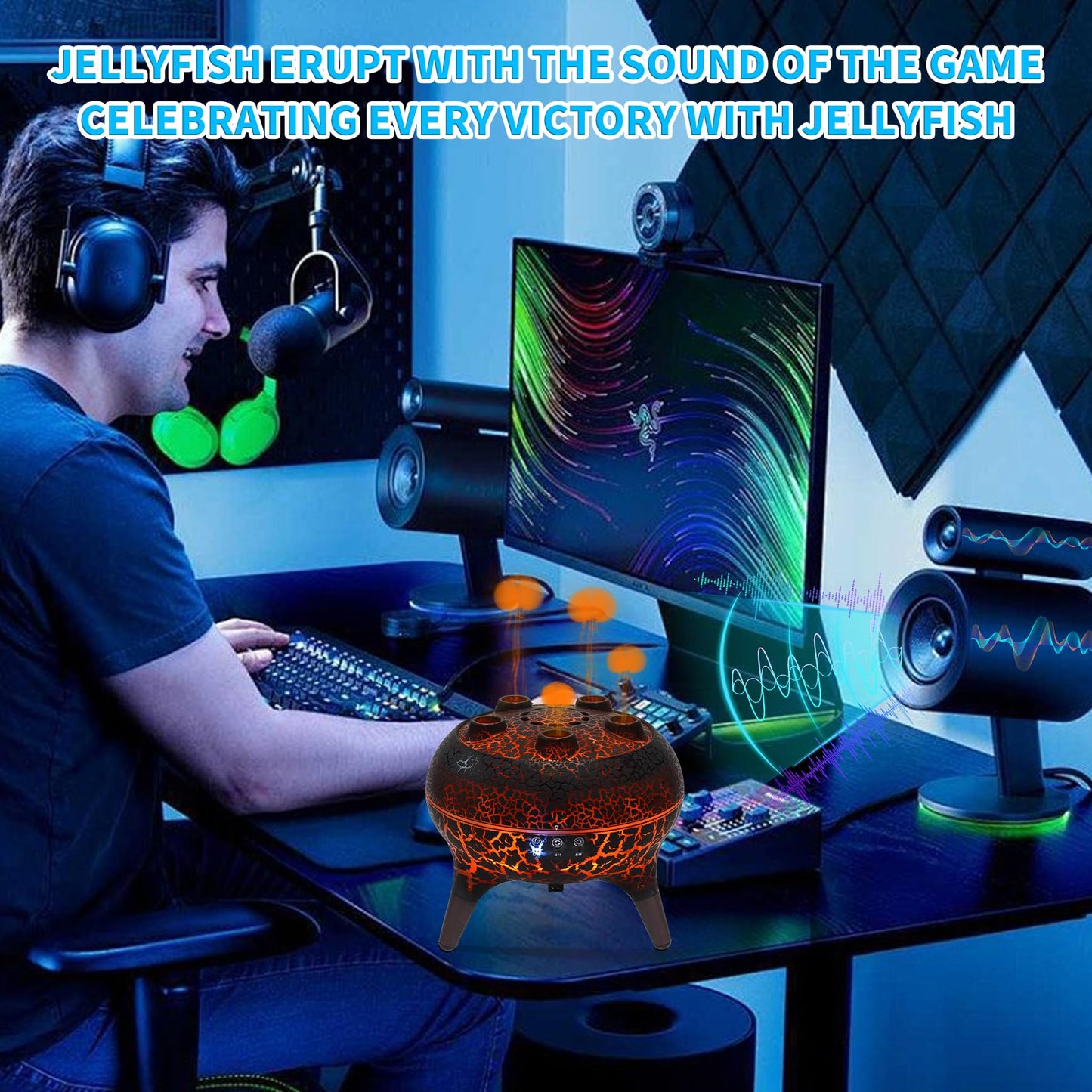 KCKJ Jellyfish Essential Oil Diffuser Sound-Activated Spray Dancing Jellyfish,250ml Aroma Air Diffuser, 3 Mist Modes & 7 Color Lights, Volcanic Lava Design for Home Bedroom(Black Crack)