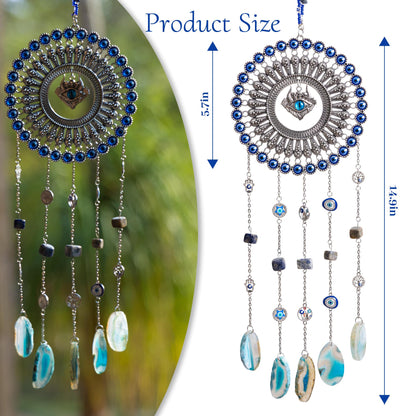 Evil Eye Dream Catcher, Handmade Blue Agate Stone Catcher with Crystals, Protective Bohemian Wall Hanging Decor for Bedroom, Window, Garden - Unique Housewarming Gift for Friends and Family