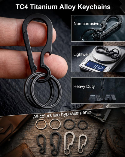 PJYTAC Titanium Carabiner Keychain Clip with Key Rings 2/2.6 Inch Small Carabiner Clips Black Heavy Duty Key Holder Quick Release Key Chain for Keys Bottle Opener Valentines Day Gift for Him Men