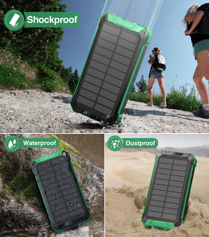 GOODaaa Power Bank Wireless Charger 36000mAh Built in 4 Cables Six Outputs 15W Fast Charging Power Bank for All Mobile Devices Three Inputs Solar Portable Charger with Dual Flashlights, Carabiner