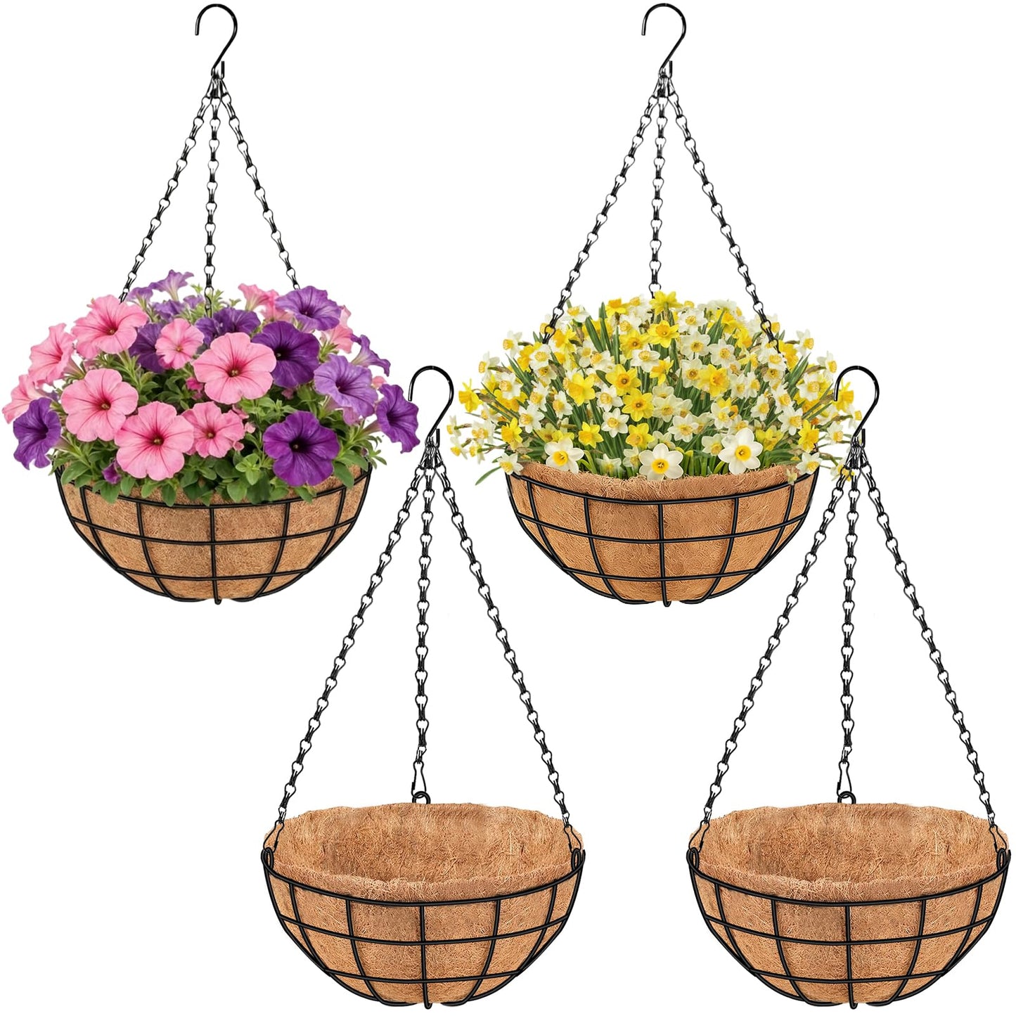 14 Inch Hanging Baskets for Plants Outdoor, 4 Pack Large Hanging Planters for Indoor Outdoor Plants, Round Metal Wire Hanging Flower Pots with Coconut Coir Liners for Garden, Deck, Porch, Balcony