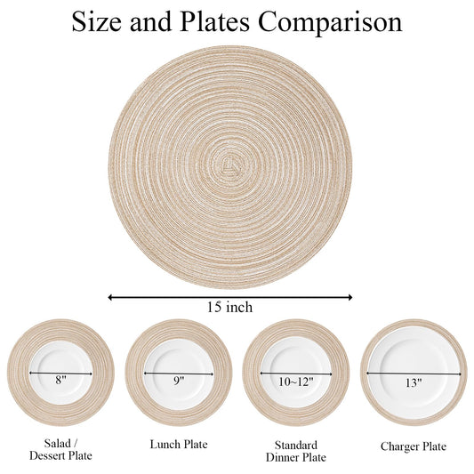 SHACOS 15 inch Round Braided Placemats Set of 6 Non Slip Heat Resistant Cotton Polyester Table Mats Washable Place Mats for Dinner Party Table Decoration (Beige, 6)