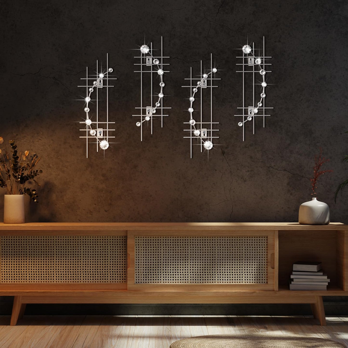 Lingvee 4 Pcs Sliver Metal Rhinestones Wall Decor 3D Silver Jeweled Art Bling Crystal Home Decorative Metal Wall Art for Living Room