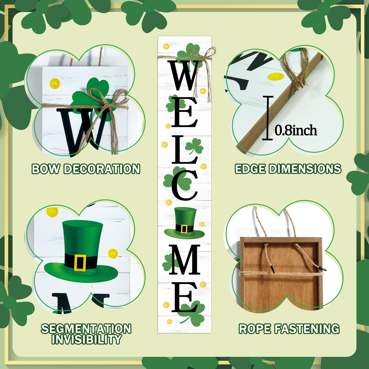St. Patrick's Day Wooden Porch Sign 47" Spring Large Welcome Porch Sign for Home Front Door Yard Clover Party Decor (Green)