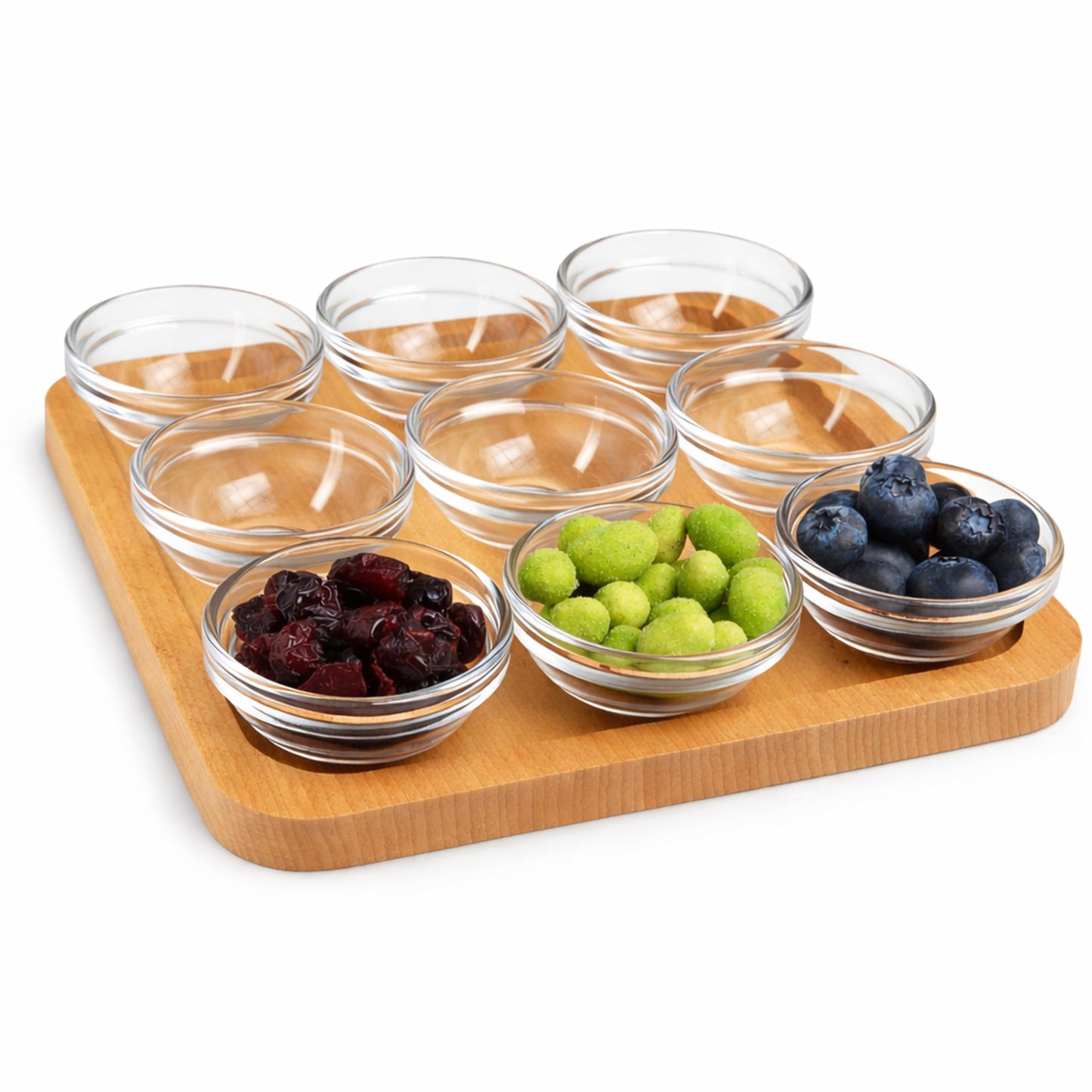 JO! Small Glass Bowls Set with Wooden Serving Tray - Set of 9 Mini Glass Dipping Bowls (1 oz) with Charcuterie Board - Ideal for Party, Snacks and Condiment - Dishwasher & Microwave Safe