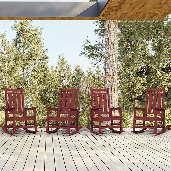 KINGYES Oversized Outdoor Rocking Chair Set of 4, All-Weather Patio Rocking Chairs for Porch, HDPE Outdoor Patio Rockers with High Back & Wide Seat for Garden, Lawn, Red