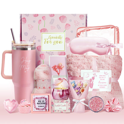 15PCS Birthday Gifts for Women, Relaxing Spa Basket With Luxury Flannel Blanket and 40 oz Tumbler - Care Package for Her, Mom, Wife, Friends - Valentine's, Mother's Day, Christmas