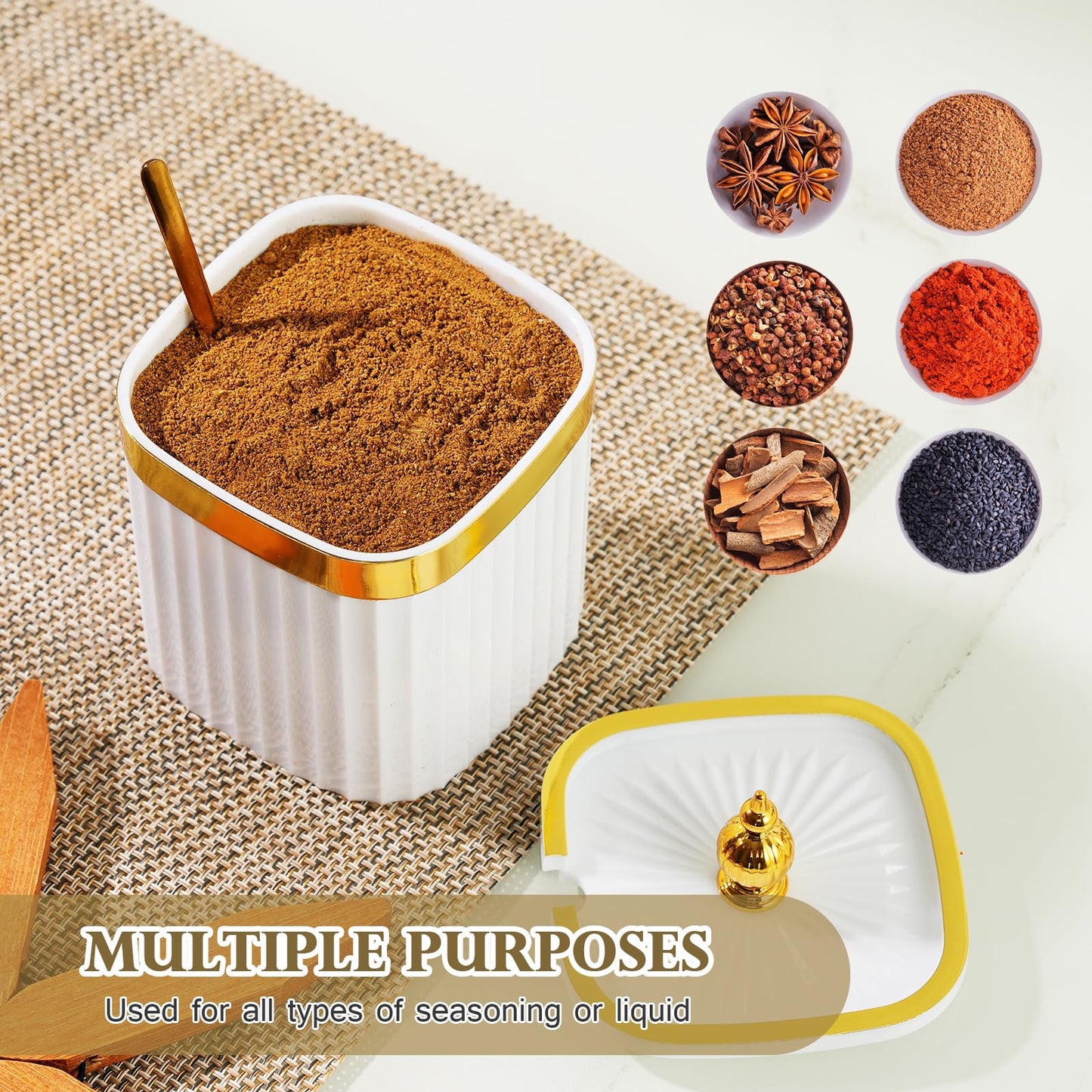 EABOSON 3 Pack Gold Condiment Spice Jars with Lids, Spoons, Tray - Plastic Seasoning Box Set for Salt, Pepper, Sugar - Kitchen Storage