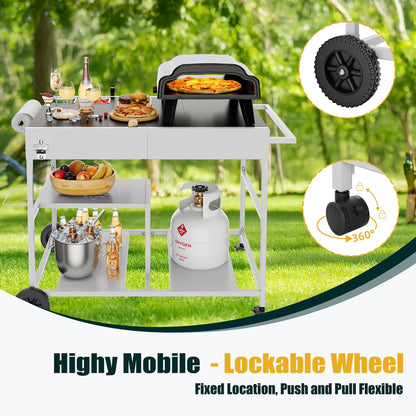 Shintenchi Pizza Oven Cart Table with Topping Station and Wheels, Outdoor Tabletop Grill Table Stand, Movable Food Prep Workcart Fits for Ninja Blackstone Woodfire Grill