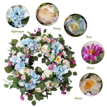 24 Inch Spring Wreaths for Front Door, Spring Wreath,Blue Hydrangea Wreath,Large Spring Summer Door Wreaths for Front Door Outside All Season Home Decor (Blue)