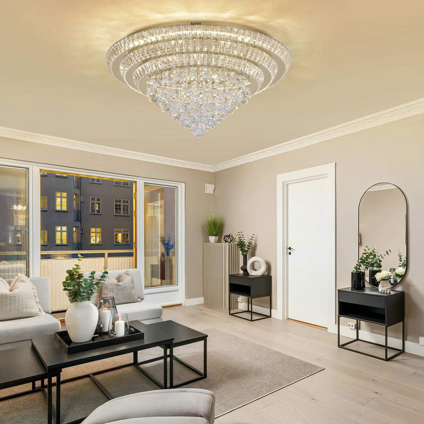 COCOSTAR 30" Gold Crystal Chandeliers, Flush Mount Chandelier LED Ceiling Light, Modern Crystal Raindrop Chandeliers for Dining Room, Living Room, Bedroom