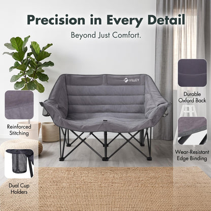 VILLEY Oversized Double Camping Chair, Heavy-Duty Folding Loveseat Camp Chair with Cup Holders, 2 Person Outdoor Chair Supports up to 900 lbs for Camping, Beach, Lawn & Sports, Grey