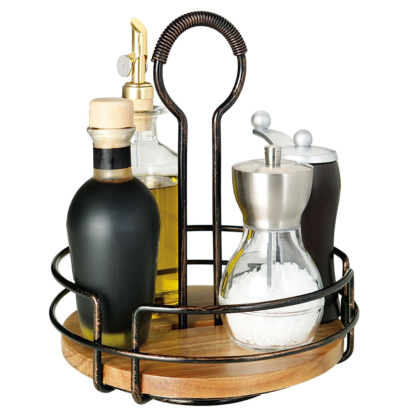 Mikasa Gourmet Basics Hanover Condiment Caddy with Rotating Caddy Organizer Design, Acacia Wood Insert - Durable, BPA-Free, Heavy-Gauge Carbon Structured Steel for Condiment Storage