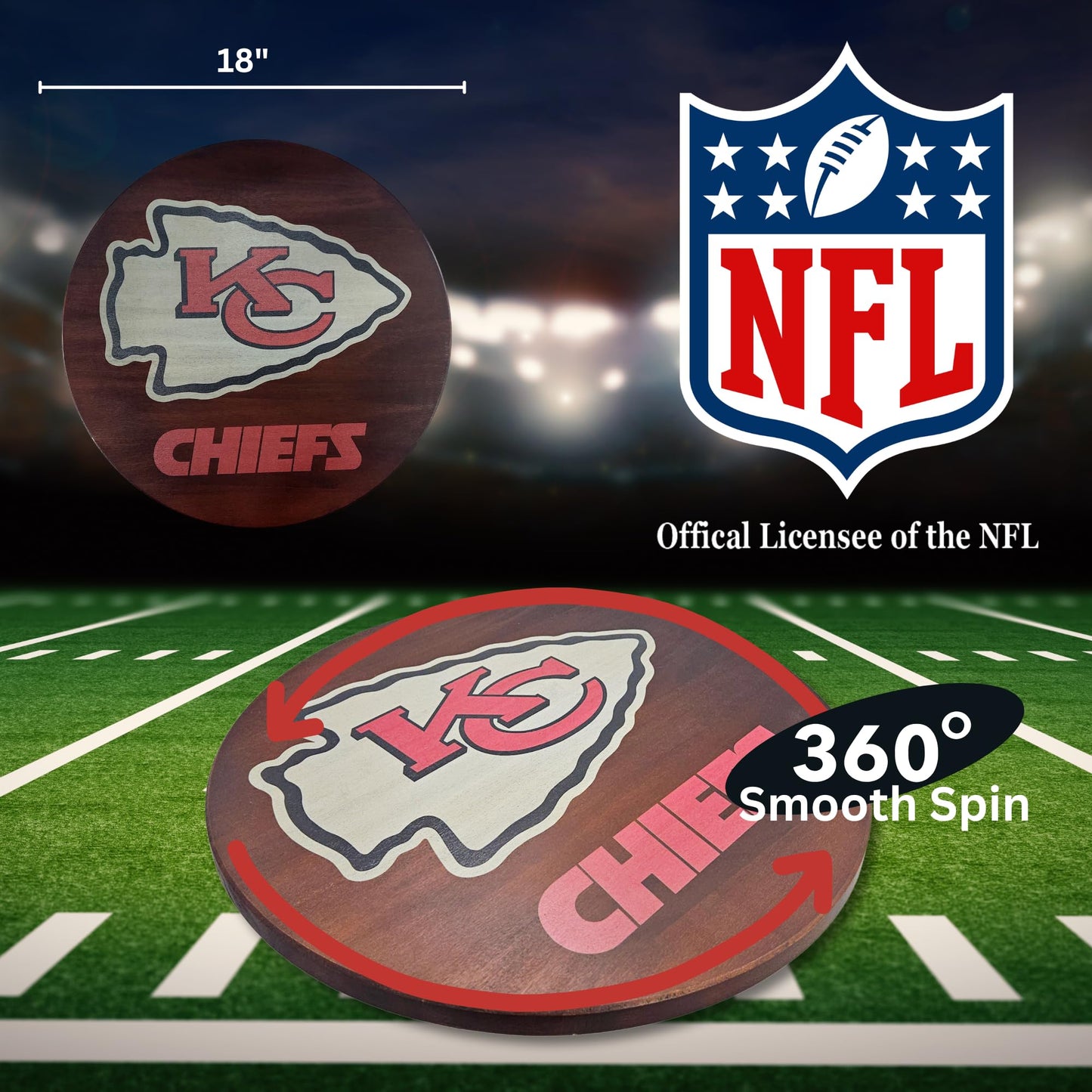 18” Wooden Lazy Susan - Kansas City Chiefs Logo by Fan Creations - Decorative Turntable Rack for Kitchen, Storage, Dining Buffet Tables - Tabletop Accessory for Game Day, Parties, Man Cave