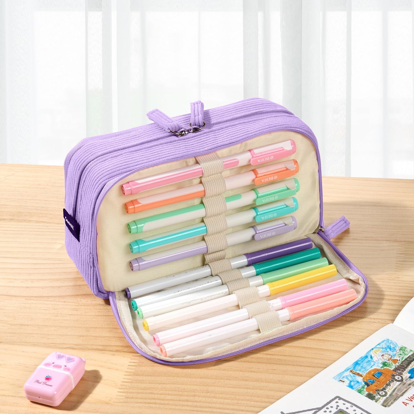 Sooez Big Capacity Pencil Case Pen Pouch, Soft Corduroy Pencil Bag with 3 Compartment, Multiple Pockets, Sturdy Zipper, Cute School Supplies Pen Bag Organizer For Teen Girls College, Beige
