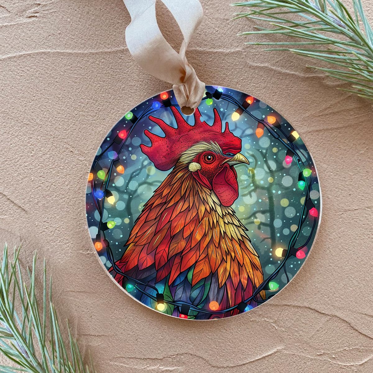 Fastpeace Chicken Rooster Farm Christmas Ornament - Stained Glass Style Christmas Rooster Ornament - Perfect Hanging Decoration - Gift for Farmer, Chicken Lovers, Family, Friends (Chicken Acrylic)